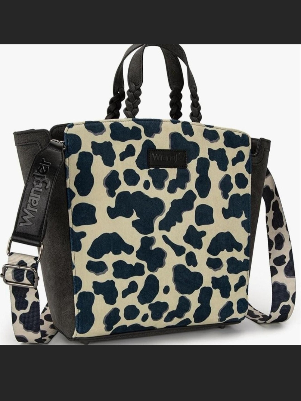 Wrangler Black & Cream Cow-Print Shopper Tote - Picture 1 of 4